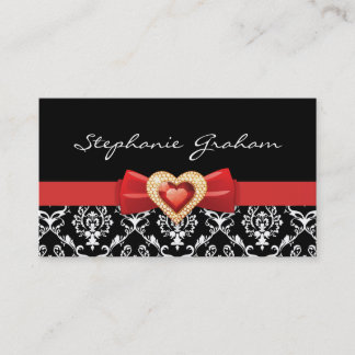 Carte De Visite Motif damassé noir blanc avec arc rouge et bijou