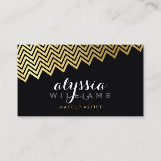 Carte De Visite Motif de chevron glamour brillant feuille or noir