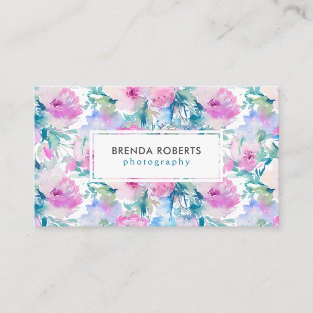 Carte De Visite Motif de collage de fleurs roses et bleues (Devant)
