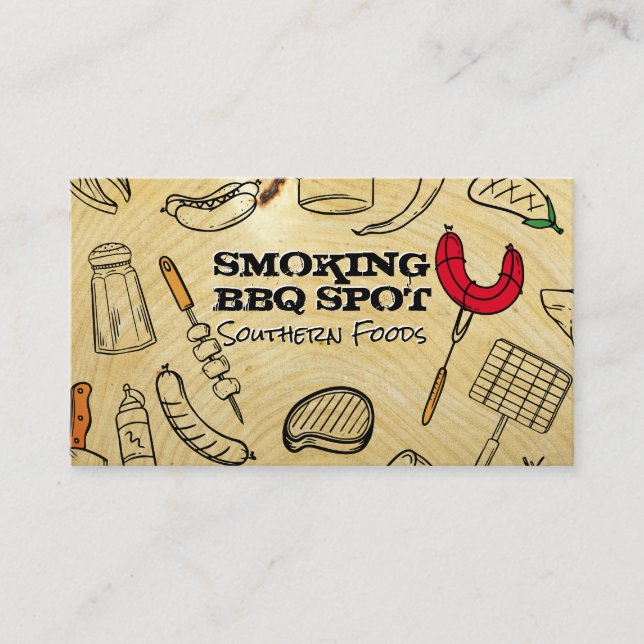 Carte De Visite Motif de cuisson au barbecue | Fond grain de bois (Devant)