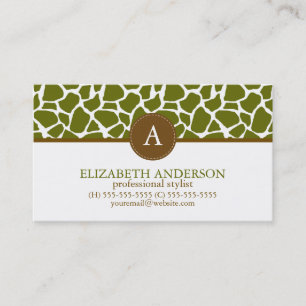 Carte De Visite Motif de girafe vert olive Monogramme