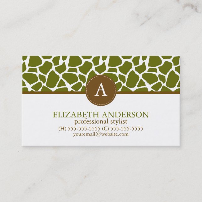 Carte De Visite Motif de girafe vert olive Monogramme (Devant)