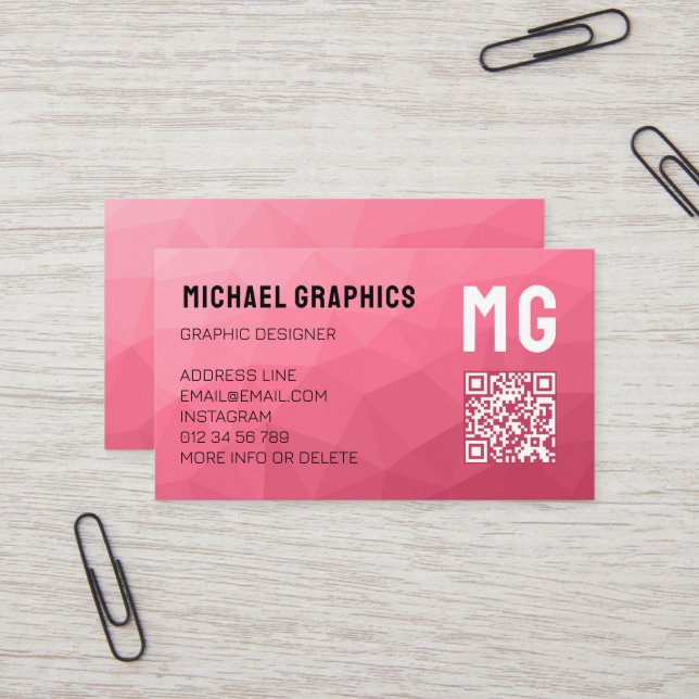 Carte De Visite Motif de maille géométrique rose code QR Monogramm (Devant/Arrière en situation)