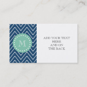 Carte De Visite Motif de Navy Blue Chevron   Monogramme vert à la