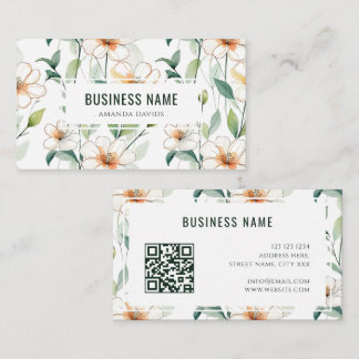 Carte De Visite Motif floral blanc Code QR de verdure verte