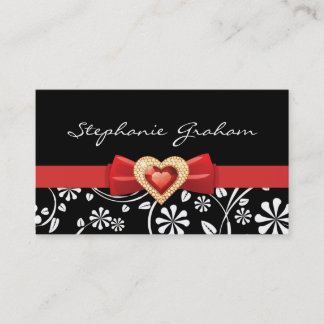 Carte De Visite Motif floral blanc noir avec arc rouge et bijou