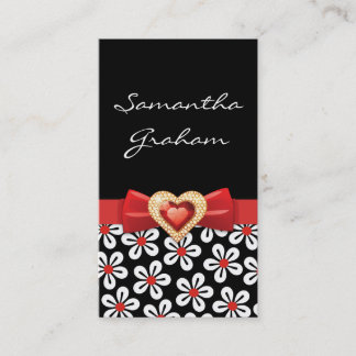Carte De Visite Motif floral blanc noir avec arc rouge et bijou