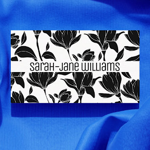 Carte De Visite Motif floral Elégant Black Blanc Chic Fleurs