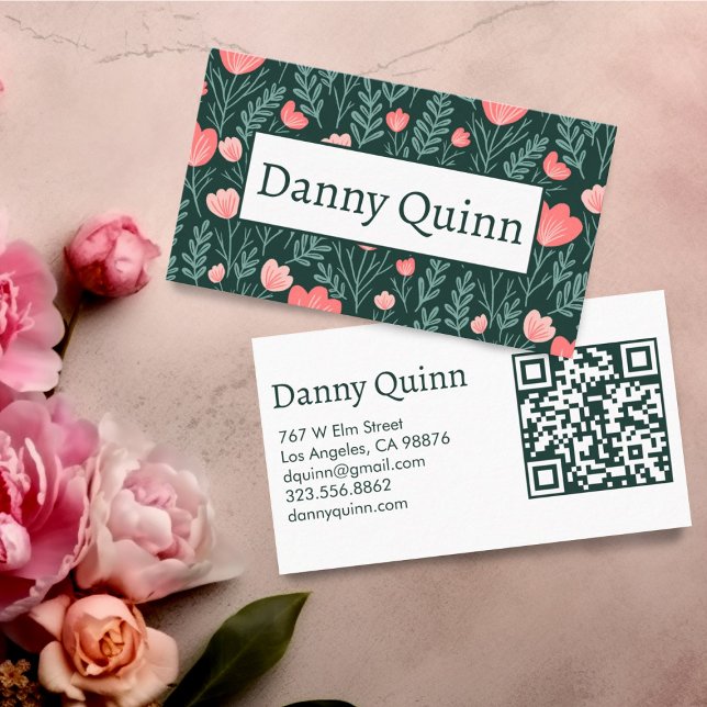 Carte De Visite Motif floral Elégant Botanique Rose Vert (Floral business cards with QR code)