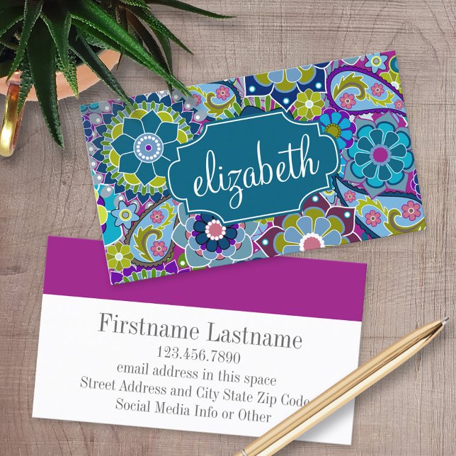 Carte De Visite Motif floral funky avec nom personnalisé (Custom Printed Business Cards)