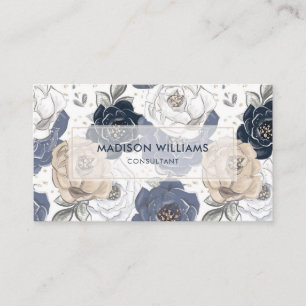 Carte De Visite Motif floral personnalisé blanc bleu rose Professi