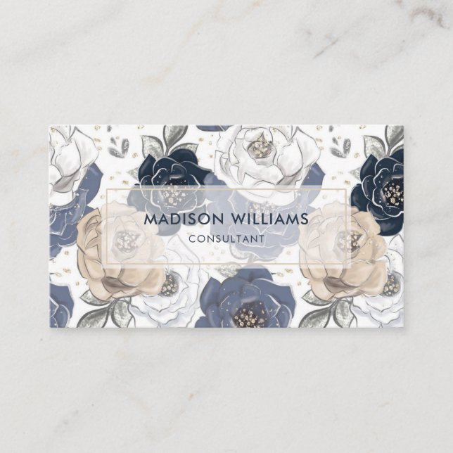 Carte De Visite Motif floral personnalisé blanc bleu rose Professi (Devant)