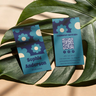 Carte De Visite Motif floral rétro bleu sarcelle moderne avec code