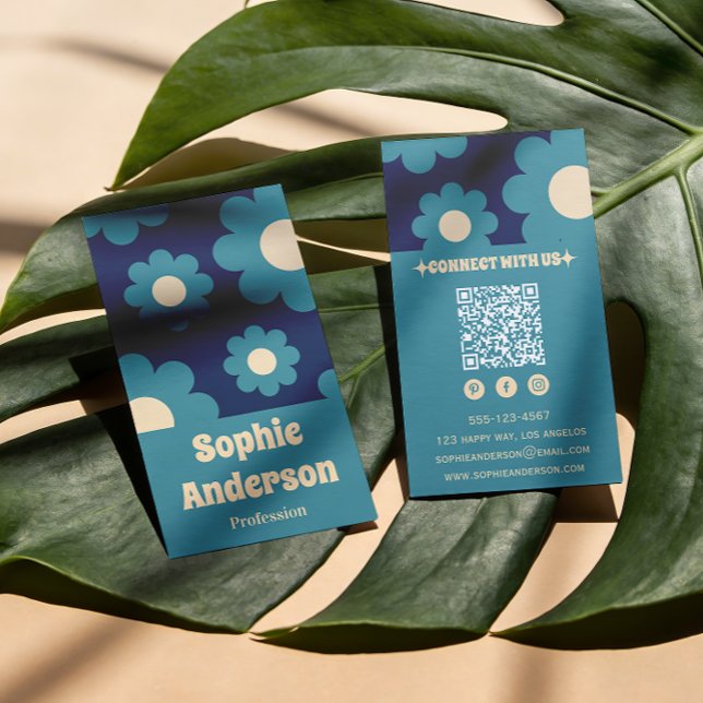 Carte De Visite Motif floral rétro bleu sarcelle moderne avec code (Créateur téléchargé)