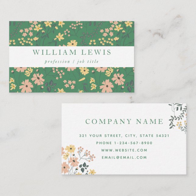 Carte De Visite Motif floral vert Boho moderne (Devant / Derrière)