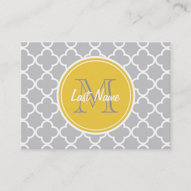 Carte De Visite Motif gris de Quatrefoil, monogramme jaune (Devant)