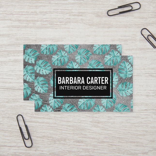 Carte De Visite Motif Monstera Leaf | Texture en cuir (Devant/Arrière en situation)
