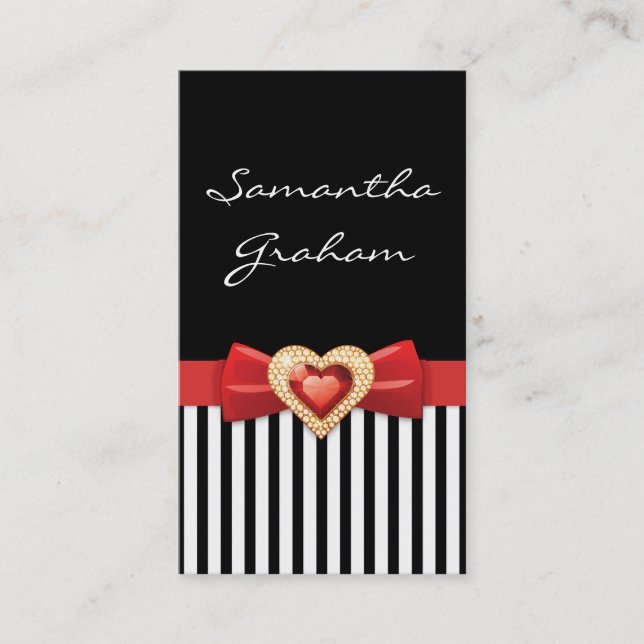 Carte De Visite Motif noir blanc rayé avec arc rouge et bijou (Devant)