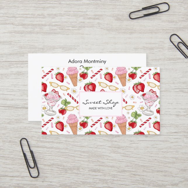 Carte De Visite Motif Sundae fraise (Devant/Arrière en situation)
