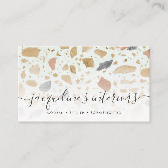 Carte De Visite Motif Terrazzo moderne Script Tan Rust Grey Rétro (Devant)