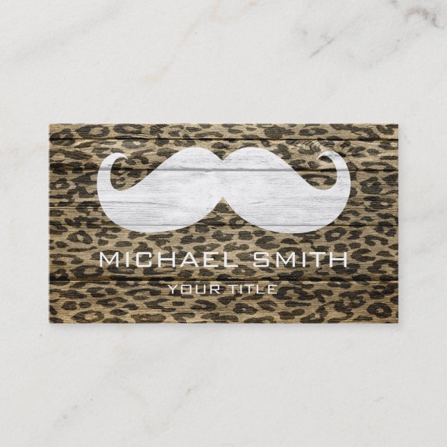 Carte De Visite Moustache Leopard sur la texture bois #6 (Devant)