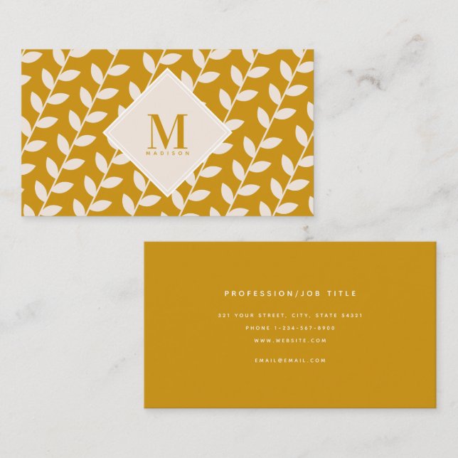 Carte De Visite Moutarde jaune les années 70 rétro Monogramme feui (Devant / Derrière)