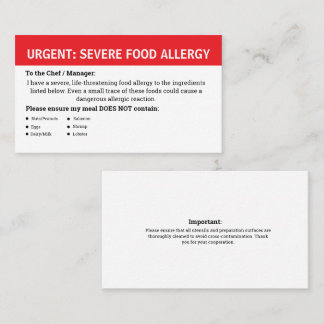 Carte De Visite Multiple Food Allergy Alert