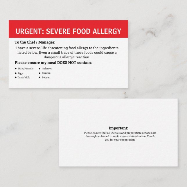 Carte De Visite Multiple Food Allergy Alert (Devant / Derrière)