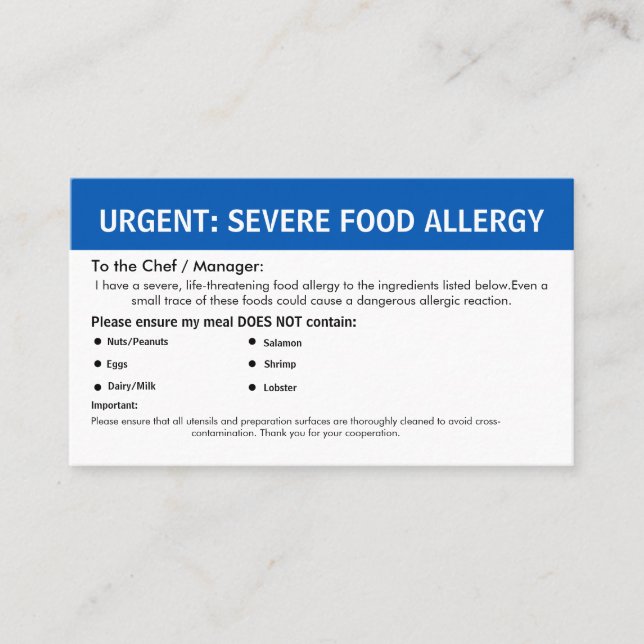 Carte De Visite Multiple Food Allergy Alert (Devant)