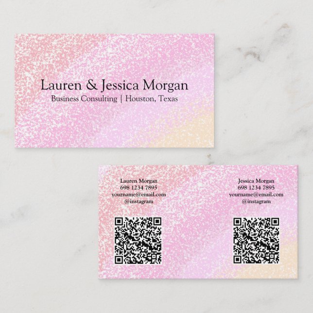 Carte De Visite Multiple QR Code 2 Names & Contact Pink Glitter (Devant / Derrière)
