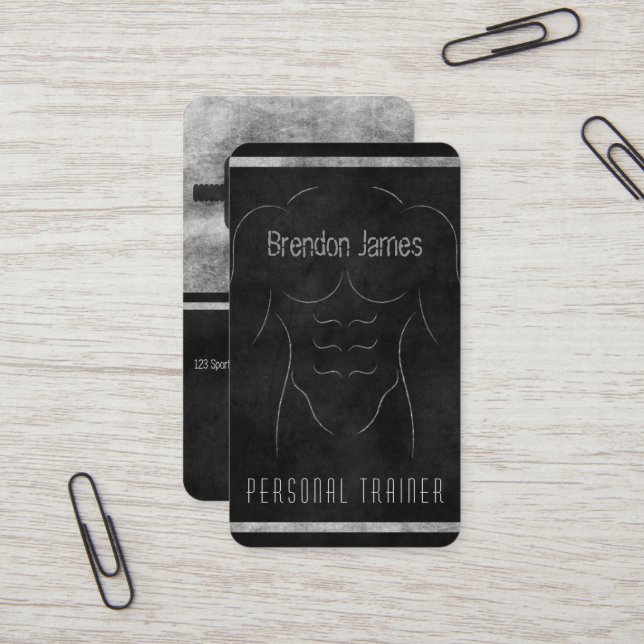 Carte De Visite Muscle Man Outline Black Personal Trainer Vertical (Devant/Arrière en situation)