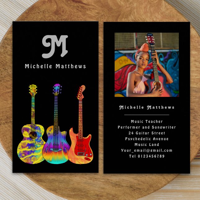 Carte De Visite Musicien de guitare moderne Photo personnalisée (Retro Modern guitar music teacher musician photo Business card colorful acoustic electric guitars)