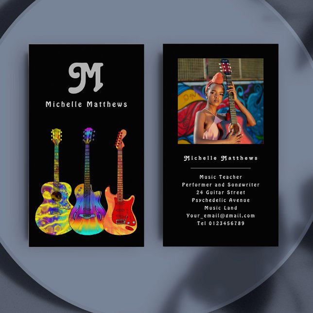 Carte De Visite Musicien de guitare moderne Photo personnalisée (Modern guitar teacher musician custom photo business card)