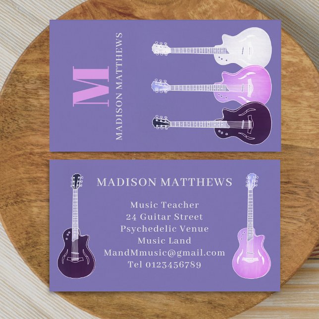 Carte De Visite Musicien de guitare professeur de musique violet (Modern musician guitar music teacher purple pink Business card monogram initials simple minimalist )