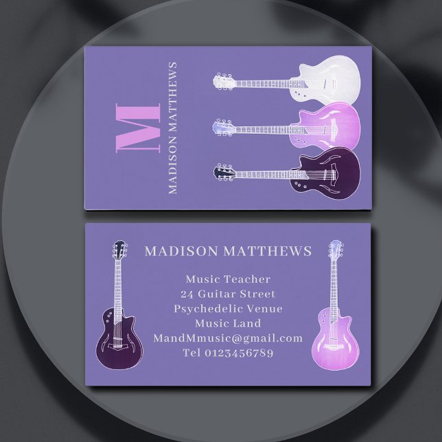 Carte De Visite Musicien de guitare professeur de musique violet (Guitar music teacher purple and pink professional business card with monogram)