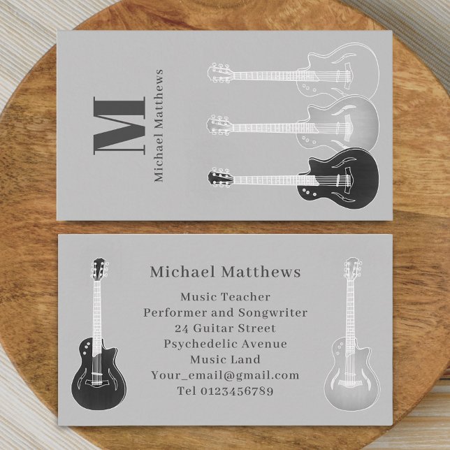 Carte De Visite Musicien enseignant guitare Personnalisé Gris (Modern guitar music teacher professional musician gray Business card Simple minimalist design)
