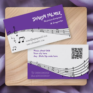 Carte De Visite Musicien musique pentagramme et code QR violet