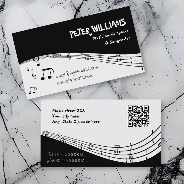 Carte De Visite Musicien personnel de musique et code QR noir (Créateur téléchargé)