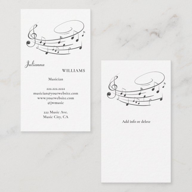 Carte De Visite Musicien Professeur de Musique Notes Portée Clé  (Devant / Derrière)