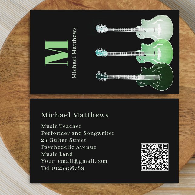 Carte De Visite Musicien professionnel Guitare personnalisé QR Cod (Modern Stylish Guitar music Teacher Custom qr code Business Card)