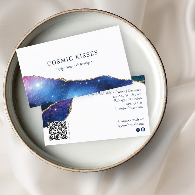 Carte De Visite Mystic Blue Crystal Geode Gold Business Logo QR (Créateur téléchargé)