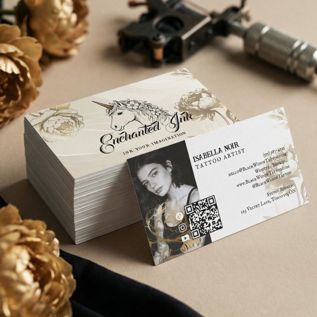 Carte De Visite Mystical Unicorn Elegant Gold Floral Tattoo Artist (Mystical Unicorn Elegant Gold Floral Tattoo Artist Business Card)