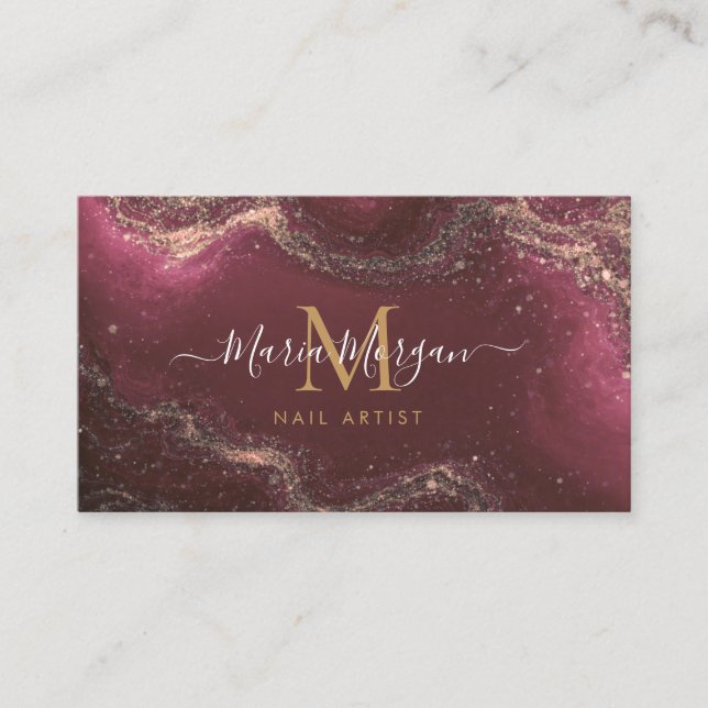 Carte De Visite Nail Artist Burgundy Agate Gold Monogram (Devant)