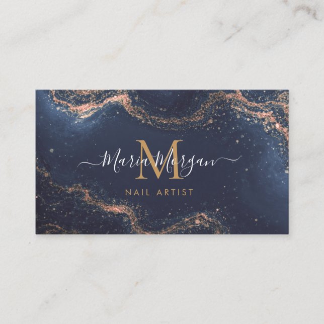 Carte De Visite Nail Artist Navy Blue Agate Gold Monogram  (Devant)