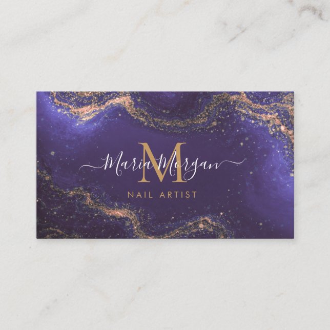 Carte De Visite Nail Artist Purple Agate Gold Monogram (Devant)