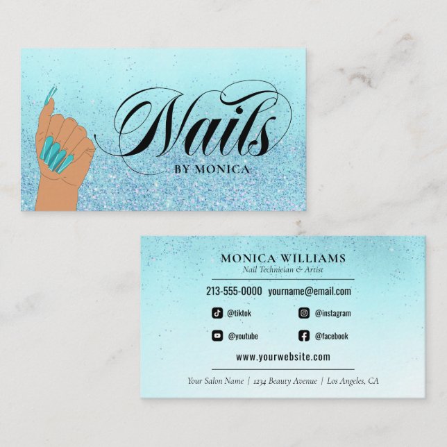 Carte De Visite Nail Manicurist Tech Turquoise Glam Parties scinti (Devant / Derrière)