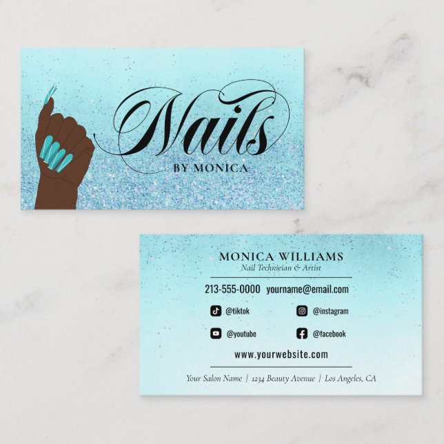 Carte De Visite Nail Manicurist Tech Turquoise Glam Parties scinti (Devant / Derrière)