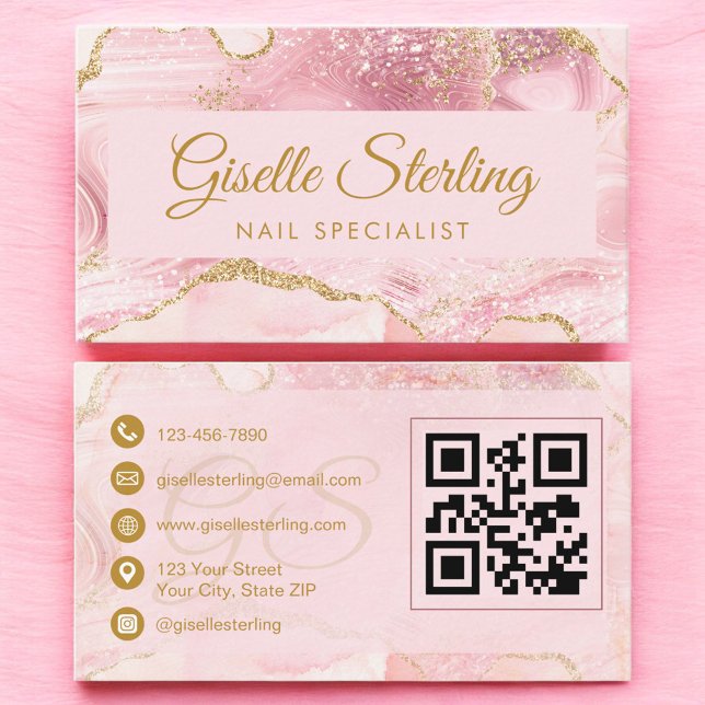 Carte De Visite Nail Specialist Blush Pink Gold Agate QR Code (Créateur téléchargé)