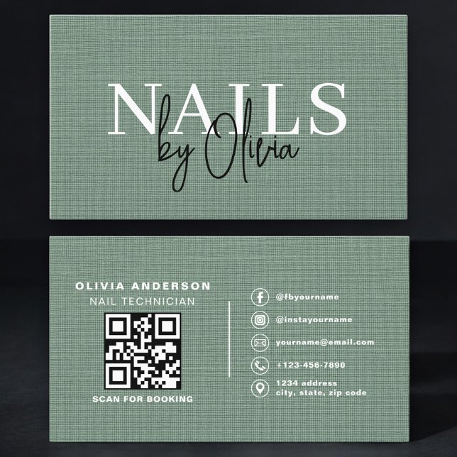 Carte De Visite Nail Specialist Linen Sage Green QR Code   (Créateur téléchargé)