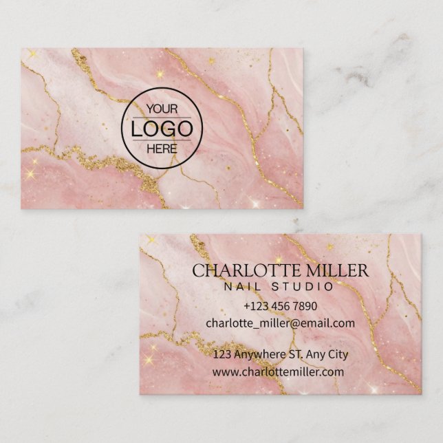 Carte De Visite Nail Studio Quartz Pink Glitter Gold (Devant / Derrière)